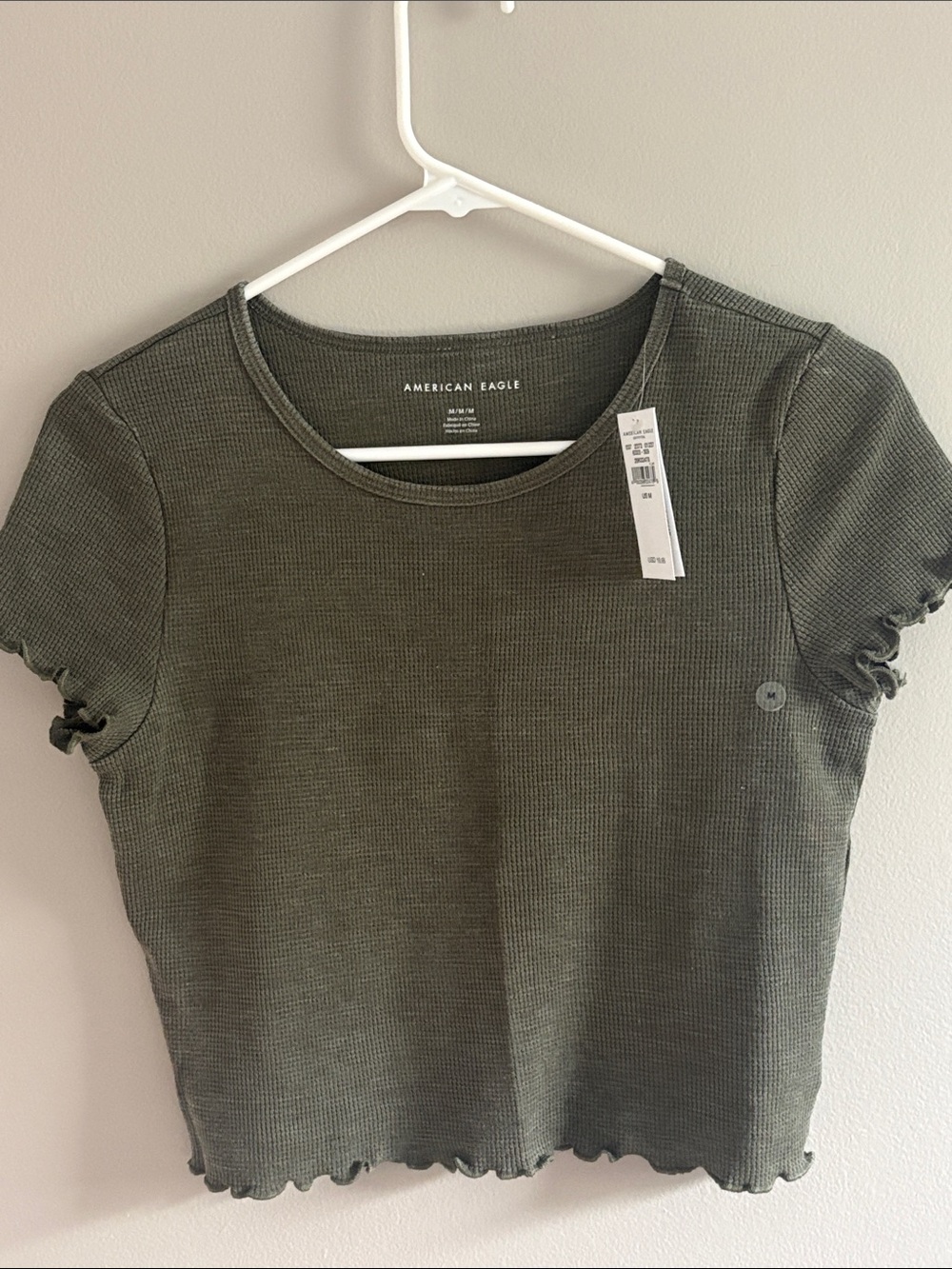 American Eagle Outfitters Olive Ribbed Lettuce-Edge Crop Tee
